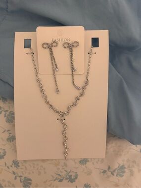 Silver Crystal Bow Drop Necklace & Earrings Set